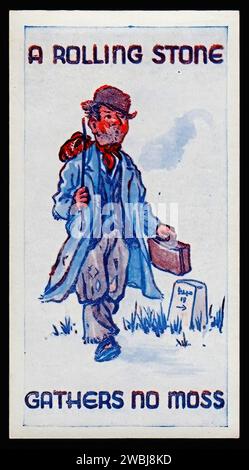 Une pierre qui roule ne rassemble pas de mousse - Illustration de carte de cigarette Vintage Banque D'Images