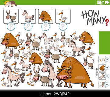 Illustration de dessin animé de jeu de comptage éducatif avec des personnages d'animaux de ferme comiques Illustration de Vecteur