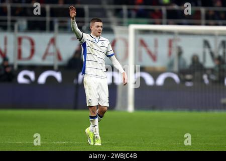 Milan, Italie. 10 janvier 2024. Emil Holm d'Atalanta BC gestes pendant le match de football Coppa Italia entre AC Milan et Atalanta BC au Stadio Giuseppe Meazza le 10 janvier 2024 à Milan, Italie . Crédit : Marco Canoniero/Alamy Live News Banque D'Images