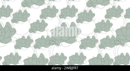 Modèle sans couture avec des fleurs succulentes Line art en pot de fleurs et blotches vertes. Style Boho Vector Outline Illustration de fond, concep botanique Illustration de Vecteur