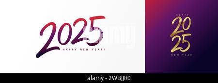 Bonne année 2025 concept de conception de logo de calligraphie. Numéros de luxe dessinés à la main Happy New Year pour modèle de calendrier ou carte de voeux. Bannière vectorielle Illustration de Vecteur