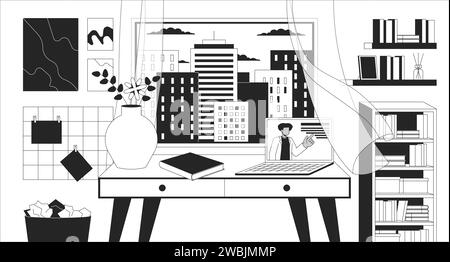 Espace d'étude confortable avec étagères noir et blanc papier peint lofi Illustration de Vecteur