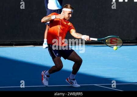 Melbourne, Victoria, Australie. 11 janvier 2024. MELBOURNE, AUSTRALIE - 11 JANVIER : Alex MolÄan, de Slovaquie, en route pour battre John Millman, d'Australie, en se qualifiant avant l'Open d'Australie 2024 à Melbourne Park, le 11 janvier 2024 à Melbourne, en Australie. (Image de crédit : © Chris Putnam/ZUMA Press Wire) USAGE ÉDITORIAL SEULEMENT! Non destiné à UN USAGE commercial ! Banque D'Images