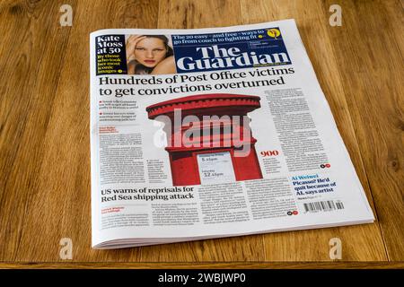 11 janvier 2024. Le titre de la première page de Guardian lit des centaines de victimes de poste pour obtenir l'annulation des condamnations. Banque D'Images