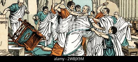 L'assassinat de Jules César, le 15 mars 44 av. J.-C. Par Donn Philip Crane (1878-1944). Jules César (100 av. J.-C.-44 av. J.-C.), a été assassiné par un groupe de 60 à 70 sénateurs sur les Ides de Mars 44 av. J.-C., lors d'une réunion du Sénat à la Curie de Pompée du Théâtre de Pompée, Rome. Le groupe de sénateurs était dirigé par Marcus Junius Brutus, Gaius Cassius Longinus et Decimus Junius Brutus Albinus. Banque D'Images