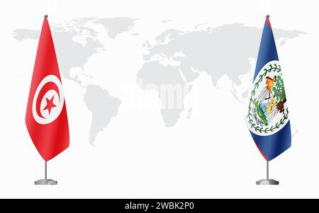 La Tunisie et Belize drapeaux pour la réunion officielle sur fond de carte du monde. Illustration de Vecteur