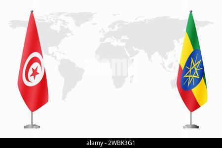 La Tunisie et l'Ethiopie drapeaux pour la réunion officielle sur fond de carte du monde. Illustration de Vecteur