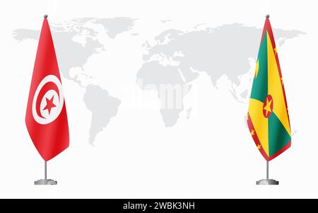 La Tunisie et Grenade drapeaux pour la réunion officielle sur fond de carte du monde. Illustration de Vecteur