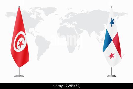 Tunisie et Panama drapeaux pour réunion officielle sur fond de carte du monde. Illustration de Vecteur