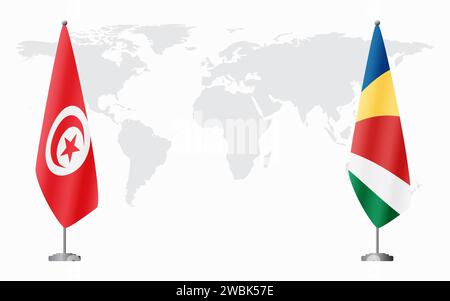 La Tunisie et les Seychelles drapeaux pour la réunion officielle sur fond de carte du monde. Illustration de Vecteur