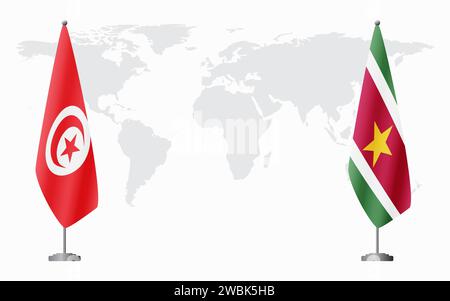 La Tunisie et le Suriname drapeaux pour la réunion officielle sur fond de carte du monde. Illustration de Vecteur