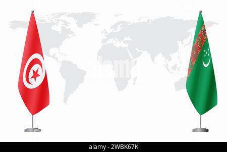 La Tunisie et le Turkménistan drapeaux pour la réunion officielle sur fond de carte du monde. Illustration de Vecteur