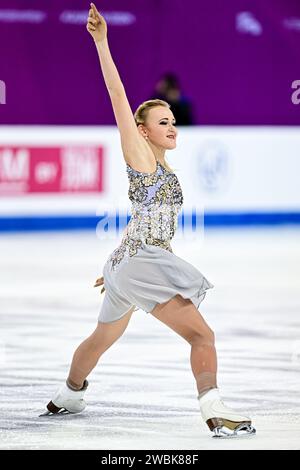 Antonina DUBINININA (SRB), lors du programme court féminin, aux Championnats d’Europe de patinage artistique ISU 2024, à l’algiris Arena, le 11 janvier 2024 à Kaunas, Lituanie. Crédit : Raniero Corbelletti/AFLO/Alamy Live News Banque D'Images