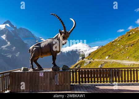 Sculpture Ibex, tour d'observation Wilhelm Swarovski à l'arrière, Kaiser-Franz-Josef-Haus avec restaurant panoramique, Kaiser-Panoramaweg, Kaiser-Franz-Josefs-Höhe, zone Großglockner, parc national Hohe Tauern, Autriche Banque D'Images