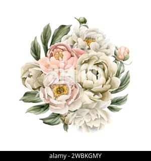 Composition de fleurs de pivoine fuzz pêche beige blanc, bourgeons et feuilles vertes. Illustration aquarelle florale peinte à la main isolée sur fond blanc. Banque D'Images