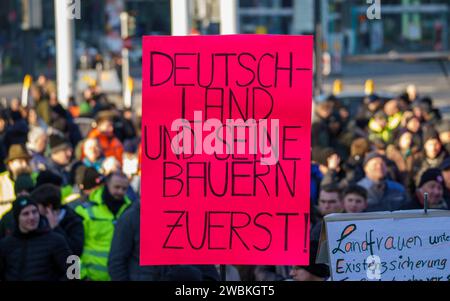 11 janvier 2024, Hesse, Francfort-sur-le-main : une affiche du rassemblement demande "l'Allemagne et ses agriculteurs d'abord!". Selon la ville, environ 1 500 tracteurs devraient participer à un rassemblement avec des tracteurs de différentes directions à la Festhalle dans le centre-ville dans le cadre des manifestations des agriculteurs. Les manifestations des agriculteurs se termineront par un rassemblement devant la salle des fêtes. Photo : Andreas Arnold/dpa Banque D'Images