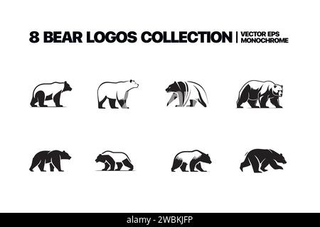 Illustrations monochromes d'ours stylisés. Ensemble d'images pour logos ou badges. Silhouette d'animal d'ours vecteur, de mammifère sauvage monochrome. Vecteur Ill Illustration de Vecteur