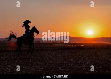 silhouette cow-girl dans le coucher du soleil chevauchant dans la prairie près d'un point d'eau Banque D'Images