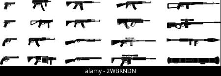 Diverses armes modernes. Silhouettes d'armes militaires. Fusils d'assaut tactiques, fusils à canon lisse, AK 47, fusils de sniper, lance-grenades antichar. Illustration de Vecteur