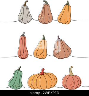 Citrouilles d'Halloween. Ensemble de citrouilles une ligne de dessin continu coloré. Illustration continue d'une ligne de légumes d'halloween d'automne. Illustration de Vecteur