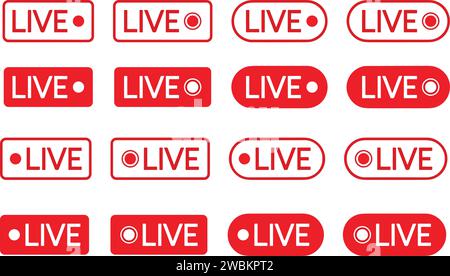 Ensemble d'icônes de streaming en direct. Symboles rouges et boutons de streaming en direct, diffusion, streaming en ligne. Troisième modèle inférieur pour la télévision, les émissions, les films et li Illustration de Vecteur