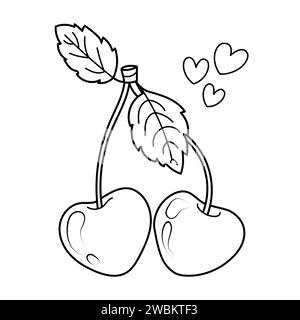 Illustration vectorielle dessinée à la main d'une paire de cerises en forme de cœur.croquis de doodle romantique, dessin au trait graphique, page de coloriage Illustration de Vecteur