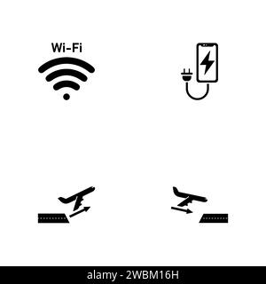 Aéroport. Un ensemble de quatre icônes solides noires isolées sur un fond blanc. Illustration de Vecteur