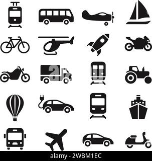 Ensemble d'icônes de transport ou de transport. Contenant voiture, vélo, avion, train, vélo, moto, bus et scooter, tracteur et véhicule électrique, navire ou F Illustration de Vecteur