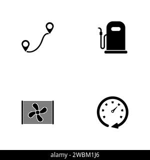 Auto. Un ensemble de quatre icônes solides noires isolées sur un fond blanc. Illustration de Vecteur