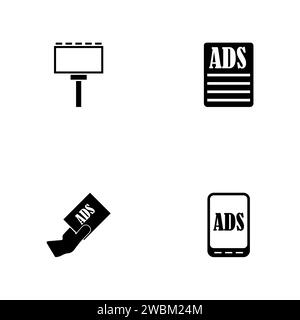 Publicité. Un ensemble de quatre icônes solides noires isolées sur un fond blanc. Illustration de Vecteur