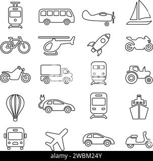 Ensemble d'icônes de transport ou de transport. Contenant voiture, vélo, avion, train, vélo, moto, bus et scooter, tracteur et véhicule électrique, navire ou F Illustration de Vecteur