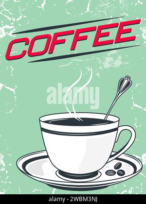 Tasse à café et soucoupe sur une conception de vecteur de texture grunge vert Illustration de Vecteur