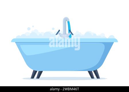 Baignoire blanche dans la salle de bains. Bain vintage et bulles de mousse de savon. Illustration vectorielle Illustration de Vecteur