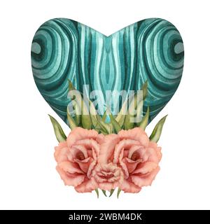 Coeur vert aquarelle avec texture de pierre avec des fleurs d'eustoma dans une palette de fuzz de pêche à la mode pour la Saint-Valentin, horoscope, alchimie, magie, Hal Banque D'Images