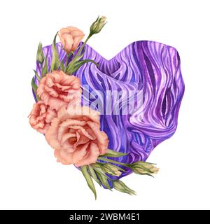 Coeur violet aquarelle avec texture de pierre avec des fleurs d'eustoma dans une palette de fuzz de pêche à la mode pour la Saint-Valentin, horoscope, alchimie, magie, Ha Banque D'Images