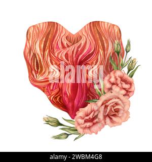 Coeur rose aquarelle avec texture de pierre avec des fleurs d'eustoma dans une palette de fuzz de pêche à la mode pour la Saint-Valentin, horoscope, alchimie, magie, Hall Banque D'Images