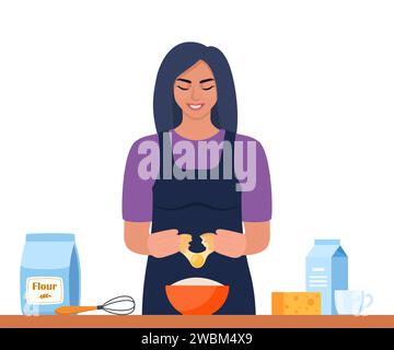 Cuisine cuisine. Femme cuisine une omelette pour le petit déjeuner. Fille souriante dans la cuisine. Illustration vectorielle plate Illustration de Vecteur