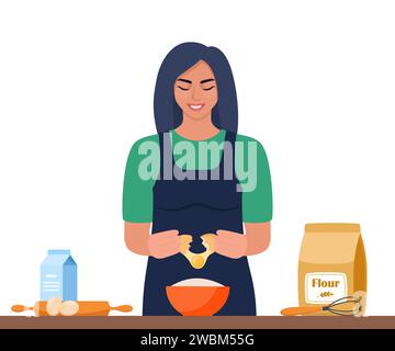 Cuisine cuisine. Femme cuisine une omelette pour le petit déjeuner. Fille souriante dans la cuisine. Illustration vectorielle plate Illustration de Vecteur