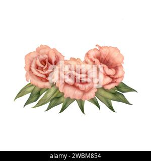 Bouquet rose aquarelle avec des fleurs d'eustoma, des feuilles et des bourgeons dans une couleur fuzz pêche tendance pour la Saint-Valentin, horoscope, alchimie, magie, Halloween, Banque D'Images