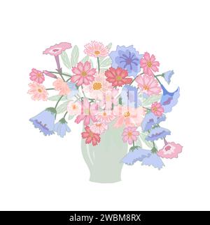Un beau bouquet de fleurs roses et bleues dans un vase. Isolé, sur fond blanc Illustration de Vecteur