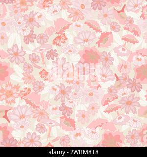 Motif floral frais en rose pastel, variations de couleurs subtiles, rose et pêche fleurie, répétition dispersée sur toute la surface. Illustration de Vecteur