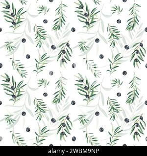 Motif aquarelle sans couture avec branches d'olives noires sur fond blanc. Peut être utilisé pour le textile, les papiers peints, la cuisine, la nourriture et les cosmétiques Banque D'Images