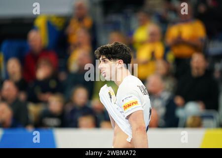 Mannheim, Allemagne. 11 janvier 2024. Handball : Championnat d'Europe, pays-Bas - Géorgie, tour préliminaire, Groupe E, jour de match 1. Le géorgien Giorgi Tskhovrebadze réagit après la défaite. Crédit : Uwe Anspach/dpa/Alamy Live News Banque D'Images