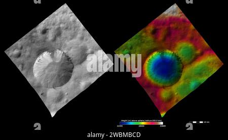 Ces images de la sonde Dawn de la NASA montrent le cratère Numisia de 20 km de diamètre sur l'astéroïde Aster, d'après lequel le quadrangle Numisia est nommé. Banque D'Images