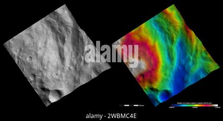 Ces images de la sonde Dawn de la NASA montrent une partie du quadrilatère de Rheasilvia dans l'hémisphère sud de l'astéroïde Vesta. Le terrain ondulé et hummockeux entourant le complexe central se compose de crêtes et de rainures. Banque D'Images