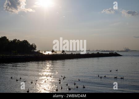 Une scène tranquille d'une grande baie avec un beau reflet du soleil dans les eaux calmes Banque D'Images