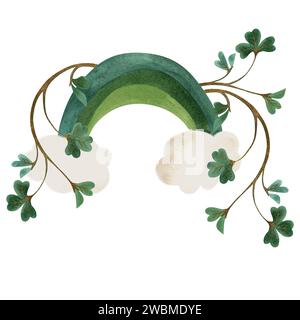 Un arc-en-ciel vert et deux nuages enchevêtrés avec le trèfle shamrock. L'endroit où le Trésor de Leprechaun est caché. St Patrick's Day. Symbole d'Irela Banque D'Images