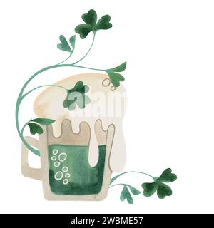 Une tasse en verre de bière verte avec de la mousse haute est enchevêtrée avec du trèfle shamrock. Bière. Symbole de l'Irlande. St Patrick's Day. Illustration d'aquarelle isolée Banque D'Images