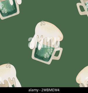 Modèle sans couture avec des symboles de l'Irlande. Papier d'emballage pour St. Patrick's Day. Aquarelle dans le style vintage sur un fond vert Banque D'Images