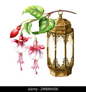 Branche de fleur fuchsia et vieille lanterne. Illustration d'aquarelle dessinée à la main isolée sur fond blanc Banque D'Images